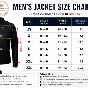 Op de afbeelding: Een maattabel voor een zwarte jas met een visuele gids van een zwarte jas. Pijlen geven de schouder-, borst-, taille- en mouwlengtematen aan. Een tabel toont de maten XS tot 3XL met bijbehorende afmetingen in inches.