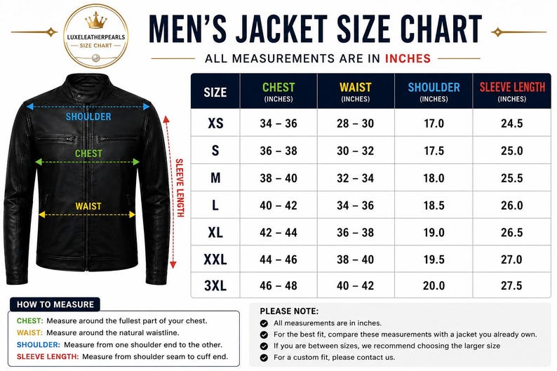 Op de afbeelding: Een maattabel voor een zwarte jas met een visuele gids van een zwarte jas. Pijlen geven de schouder-, borst-, taille- en mouwlengtematen aan. Een tabel toont de maten XS tot 3XL met bijbehorende afmetingen in inches.