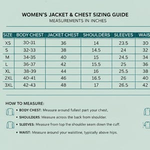 May include: A sizing guide for women's jackets and chest measurements in inches. The chart includes sizes XS to 3XL, with corresponding measurements for body chest, jacket chest, shoulders, sleeves, and waist. Instructions on how to measure are also provided.