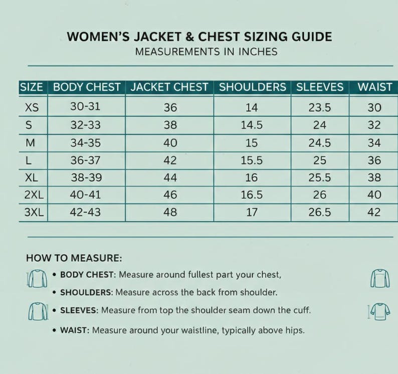 May include: A sizing guide for women's jackets and chest measurements in inches. The chart includes sizes XS to 3XL, with corresponding measurements for body chest, jacket chest, shoulders, sleeves, and waist. Instructions on how to measure are also provided.