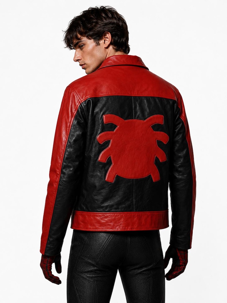 May include: Red and black leather jacket with a large red spider emblem on the back. The jacket has a classic collar and a tailored fit. The sleeves and lower back are black, while the shoulders and upper back are red.