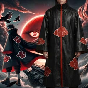 May include: A black long-sleeved coat featuring a high collar and a full-length red front zipper. The garment is decorated with multiple red cloud-shaped appliques distributed across the front and sleeves, with a red interior lining.