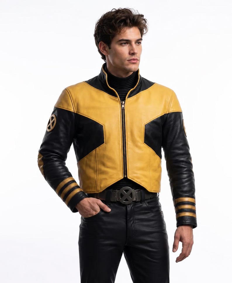 Op de afbeelding: Een zwart en geel leren jack met een hoge kraag, een ritssluiting over de gehele lengte en drie horizontale strepen op elke mouwboord. Het jack is voorzien van ronde X-Men-logo's op de bovenarmen en wordt gedragen met een zwarte broek.