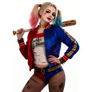 Op de afbeelding: Een kostuum bestaande uit een satijnen bomberjack met rode en blauwe panelen, een wit distressed T-shirt met de tekst Daddy's Lil Monster, een rood-blauwe short, een gouden choker, armbanden met spikes, een panty met visnetpatroon en een honkbalknuppel.