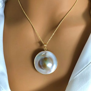Luxury genuine Mabe pearl pendant, large, with chain, 925 sterling silver, 18k gold, high quality, genuine Mabe pearl jewelry, anniversary gift for women, bridal necklace