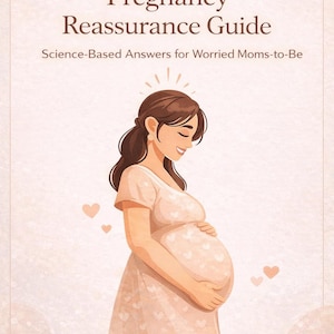 May include: Illustration of a pregnant person in a light pink dress, with the text "Pregnancy Reassurance Guide" and "Science-Based Answers for Worried Moms-to-Be." The question "Is stress harming my baby?" is also displayed.