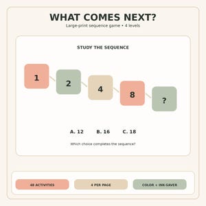 Op de afbeelding: Een grootgedrukt sequentiespel getiteld WHAT COMES NEXT? met 4 niveaus. De activiteit toont een numerieke reeks 1, 2, 4, 8 en een vraagteken. De keuzemogelijkheden A. 12, B. 16 en C. 18 staan onder de reeks vermeld.
