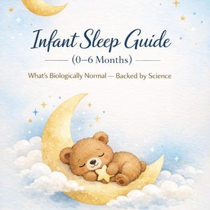 Puede incluir: Ilustración en acuarela de un oso de peluche durmiendo sobre una luna creciente, rodeado de nubes y estrellas. La portada del libro dice "Infant Sleep Guide (0-6 Months)" con el lema "What's Biologically Normal - Backed by Science."