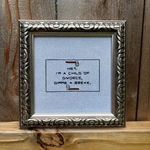 May include: A framed cross-stitch piece with the text "Hey, I'm a child of divorce, gimme a break." The frame is silver with ornate detailing. The background is a light blue fabric.