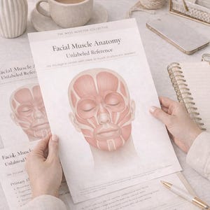 May include: Anatomy reference sheets titled "Facial Muscle Anatomy Unlabeled Reference" with a detailed illustration of facial muscles. The image also includes a cup of coffee, a pen, and a notepad.