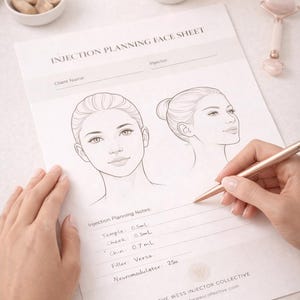 Könnte beinhalten: Ein "Injektionsplanungs-Gesichtsblatt" mit Gesichtsillustrationen, das für kosmetische Eingriffe verwendet wird. Eine Hand hält einen Stift und schreibt auf das Blatt. Das Blatt enthält Notizen zu Injektionen, mit einer Kerze und Beauty-Tools im Hintergrund.