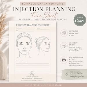 May include: An editable Canva template for an injection planning face sheet featuring a line drawing of a face from the front and side. The document includes fields for client name, injector, date, and treatment planning notes with a logo placeholder.