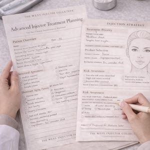 May include: An advanced injector treatment planning worksheet with handwritten notes and a detailed diagram of a face. The document includes sections for patient overview, structural assessment, and risk awareness. A pen is held over the document, and vials are in the background.