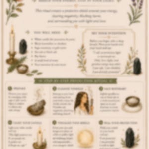 May include: A beige Protection Ritual guide with text and illustrations. The guide includes instructions for a protection ritual, with steps like preparing, cleansing, and sealing. Floral and celestial accents decorate the page.