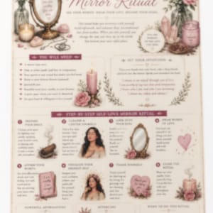 May include: A decorative poster titled "SELF-LOVE Mirror Ritual" with illustrations of candles, flowers, a mirror, and crystals. The poster includes text about self-love practices and affirmations. The color palette is soft with pinks, creams, and gold accents.
