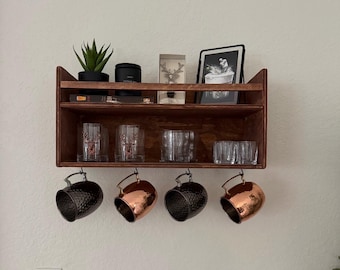 Handcrafted Wooden Bar Shelf with Mug Hooks & Cup Storage