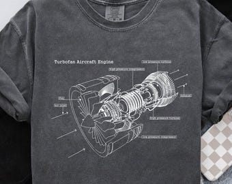 Turbofan Aircraft Engine Sketch T-Shirt, Comfort Colors Jet Engine Blueprint Tee, Aerospace Engineer Shirt, Aviation Lover STEM Gift