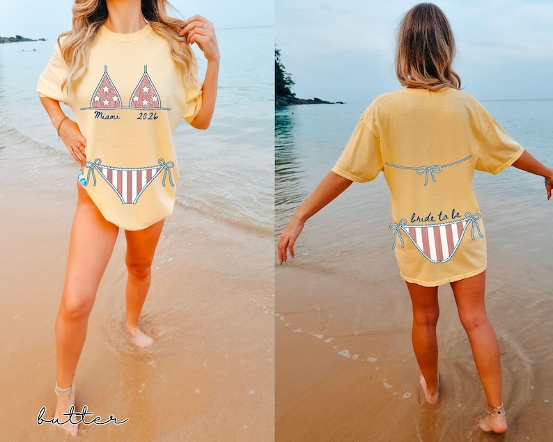 Bride tribe vacation shirt featuring playful bikini graphics and personalized bridal party text options.