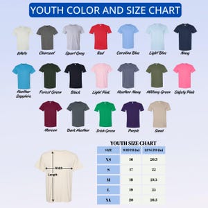 Peut inclure: Un tableau des couleurs et tailles de t-shirts pour jeunes. Le tableau pr&eacute;sente diverses couleurs de t-shirts, dont le blanc, le rouge et le bleu marine. Le tableau des tailles indique les mesures en cm pour les tailles XS &agrave; XL, avec des largeurs de 40.6 &agrave; 50.8 cm et des longueurs de 52.1 &agrave; 67.3 cm.