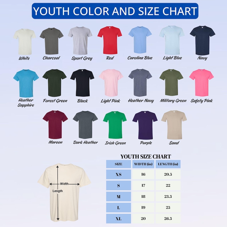 Peut inclure: Un tableau des couleurs et tailles de t-shirts pour jeunes. Le tableau pr&eacute;sente diverses couleurs de t-shirts, dont le blanc, le rouge et le bleu marine. Le tableau des tailles indique les mesures en cm pour les tailles XS &agrave; XL, avec des largeurs de 40.6 &agrave; 50.8 cm et des longueurs de 52.1 &agrave; 67.3 cm.