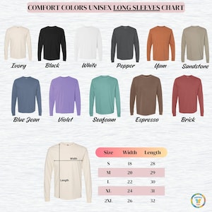 Comfort Color LONG sleeve unisex adult Color and Size Chart