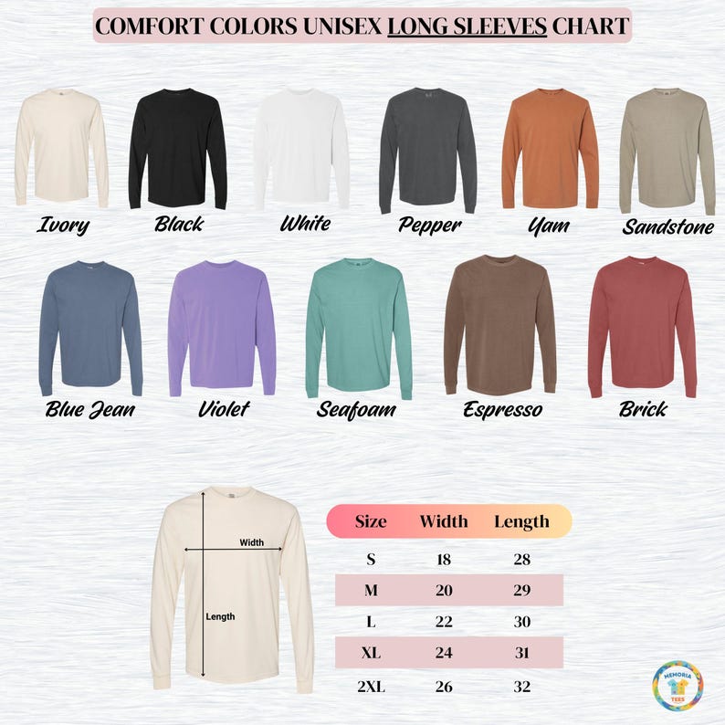 Comfort Color LONG sleeve unisex adult Color and Size Chart