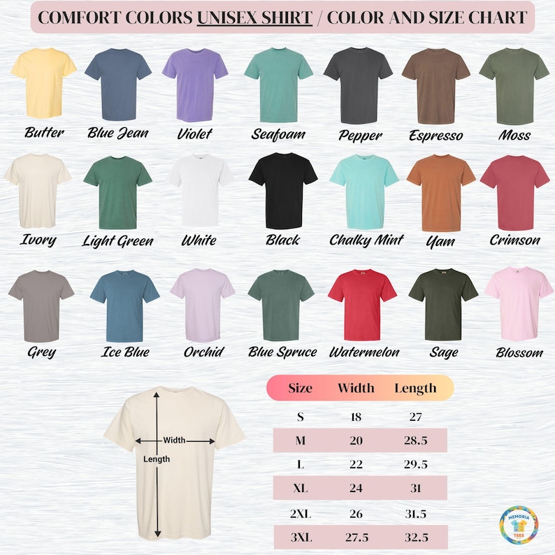 Comfort Color t-shirt short sleeve unisex adult color and size chart