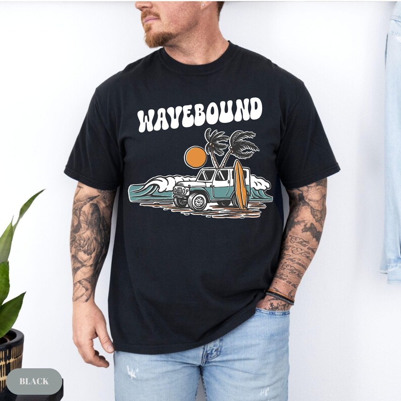 Vintage style surfing graphic showing an off-road beach truck with surfboard beside tropical waves and palm trees under a bright sun.