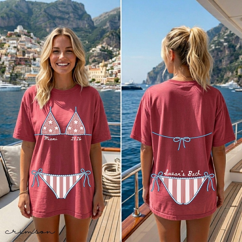 Destination wedding weekend tee with illustrated bikini artwork and editable names, dates, and locations.