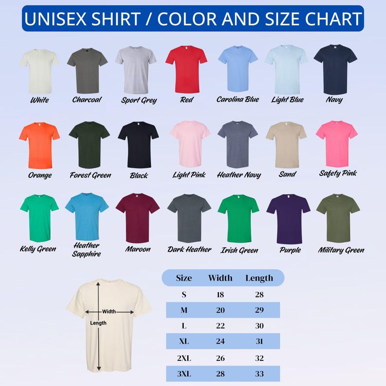 Peut inclure: Un tableau pr&eacute;sentant des t-shirts unisexes de diff&eacute;rentes couleurs, comme le vert for&ecirc;t, le rose clair et le violet. Il comprend &eacute;galement un guide des tailles avec des mesures en cm, de S &agrave; 3XL.