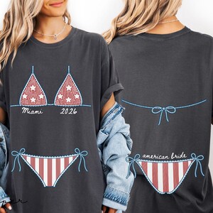 Beach bachelorette tee with front and back bikini illustrations customized for bridal trips and girls weekends.