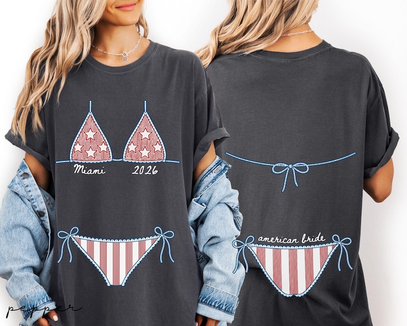 Beach bachelorette tee with front and back bikini illustrations customized for bridal trips and girls weekends.