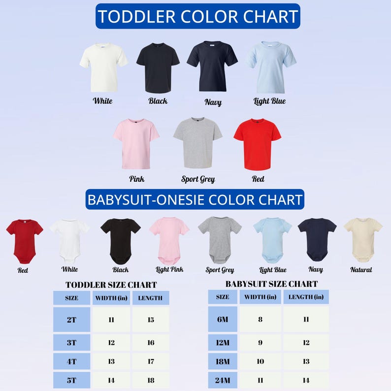 Peut inclure: Tableau des couleurs pour t-shirts pour tout-petits et bodies pour b&eacute;b&eacute;s. Le tableau pr&eacute;sente diff&eacute;rentes couleurs, notamment blanc, noir, marine, bleu clair, rose, gris sport et rouge. Des tableaux des tailles sont &eacute;galement inclus, avec des mesures en cm.