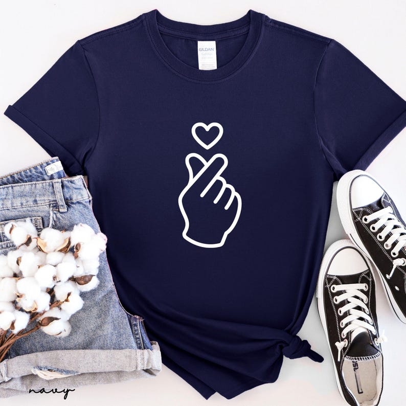 Trendy minimalist love shirt with finger heart icon, stylish and versatile unisex casual clothing option