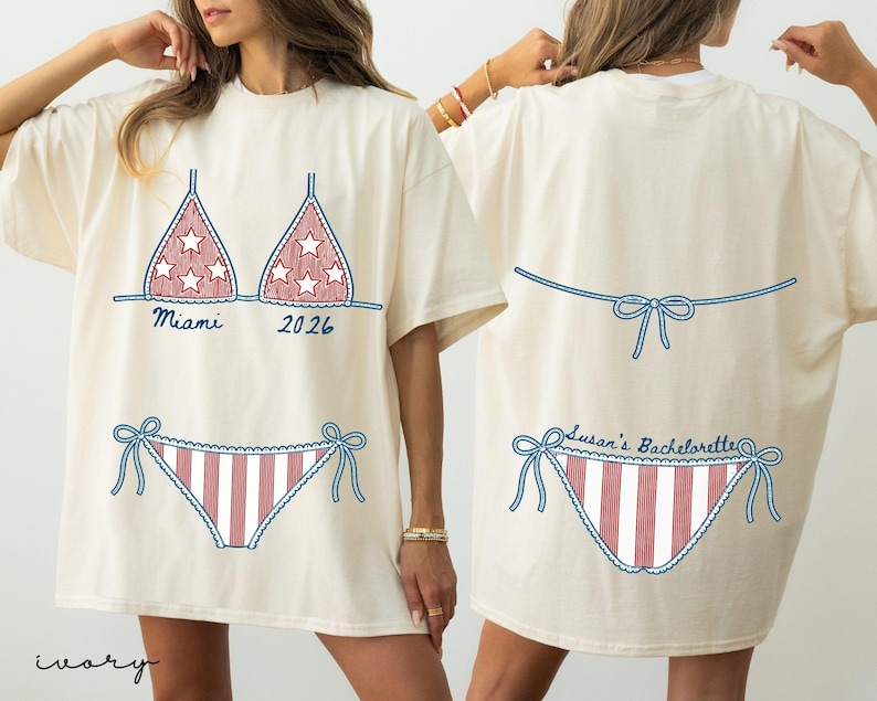 Personalized bachelorette party shirt featuring bikini artwork with custom names, dates, locations, and bride titles.