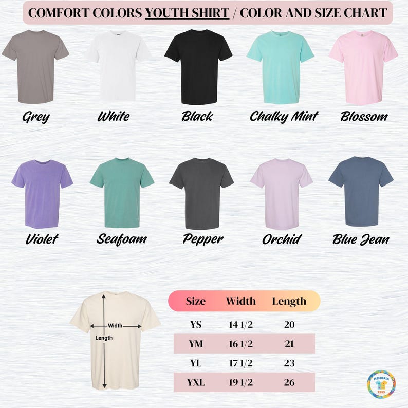 May include: A color and size chart for Comfort Colors youth shirts. The chart displays various shirt colors, including grey, white, black, and violet. The size chart shows measurements for width and length in inches for sizes YS, YM, YL, and YXL.