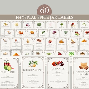 May include: A collection of 60 physical spice jar labels featuring white backgrounds, dark brown decorative borders, and illustrations of various spices and herbs. Each label includes the spice name, flavor profile, and common culinary uses.