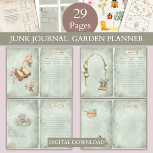 May include: A 29-page junk journal garden planner digital download featuring vintage-style pages with watercolor illustrations of flowers, gardening tools, and boots. The planner includes sections for plant tracking, harvest logs, to-do lists, and plot planning.