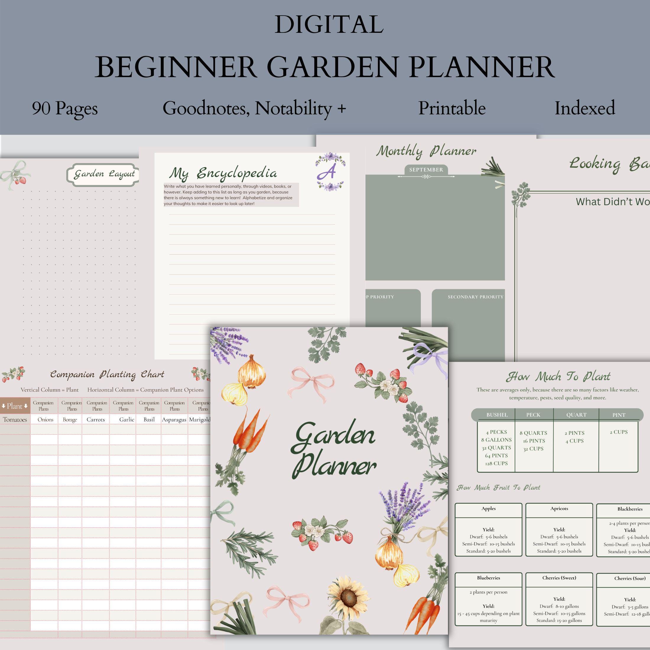 Beginner Garden Planner Digital Template Seed Inventory Harvest Tracker Monthly Calendar Printable Bundle Botanical Simple Garden Organizer