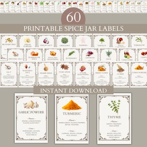 May include: A collection of 60 printable spice jar labels featuring illustrations of various herbs and spices. Each rectangular label includes the name of the spice, flavor profile, and culinary uses, framed by a decorative border in a neutral tone.