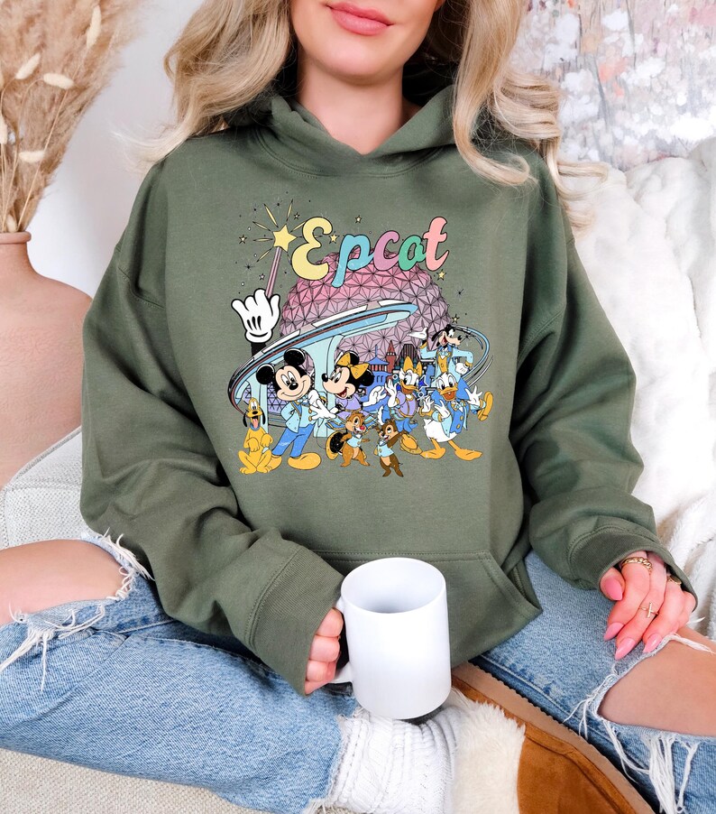 Vintage Disneyworld Epcot Mickey and Friends Hoodie, Epcot World Tour Hoodie, Epcot Travel Around The World, Family Trip image 3