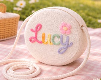 Bolso bandolera redondo de paja personalizado para niñas, bolso de mano redondo de paja para niñas pequeñas, bolso para niña de las flores, regalo de verano para niños, regalo de cumpleaños para niños
