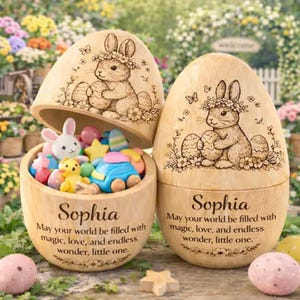 May include: Two wooden Easter egg-shaped boxes, one open to reveal colorful toys. Each box features a carved bunny design and the name "Sophia" with an inspirational quote. The boxes are on a wooden surface.