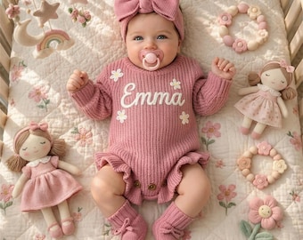 Zestaw niemowlęcy z haftowanym imieniem, spersonalizowany kombinezon niemowlęcy z opaską i bucikami, kombinezon dla chłopca i dziewczynki, dzianina na zamówienie