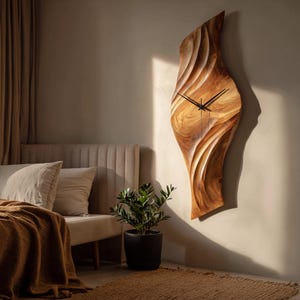 Abstract Wooden Wall Clock with Sculptural Wave Carving for Modern Living Room Decor