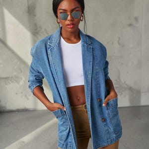 Denim Blazer Jacket Light Wash Button Front Casual Coat