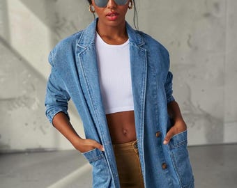 Denim Blazer Jacket Light Wash Button Front Casual Coat