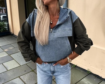 Denim Color Block Hoodie Halber Reißverschluss Casual Pullover