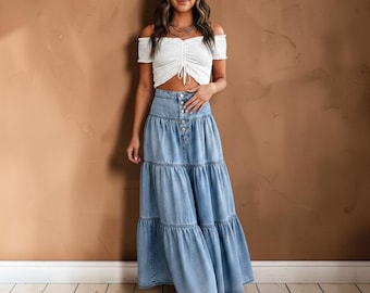 Denim Tiered Maxi Skirt High Waist Button Front Skirt