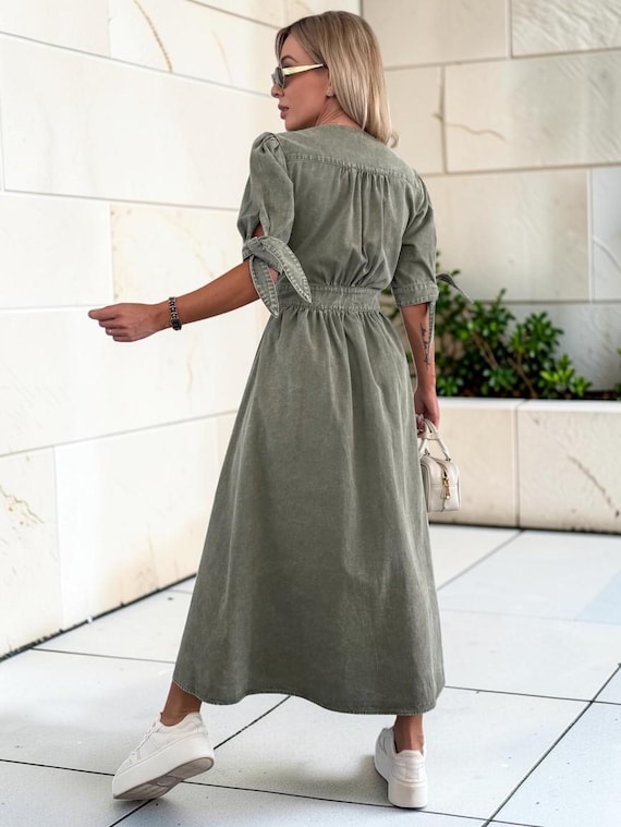 Denim Button Front Midi Dress V Neck Tie Sleeve Dress